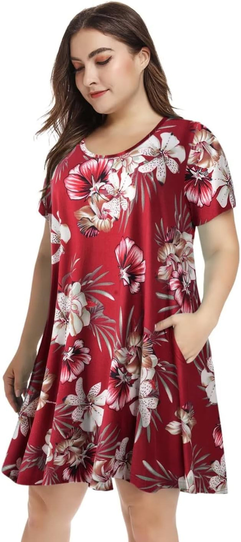 plus Size Dresses for Womens Summer Clothes Casual Floral Tops Short Sleeve T Shirt Dress Swing Sleepwear(A-Winered18 S)