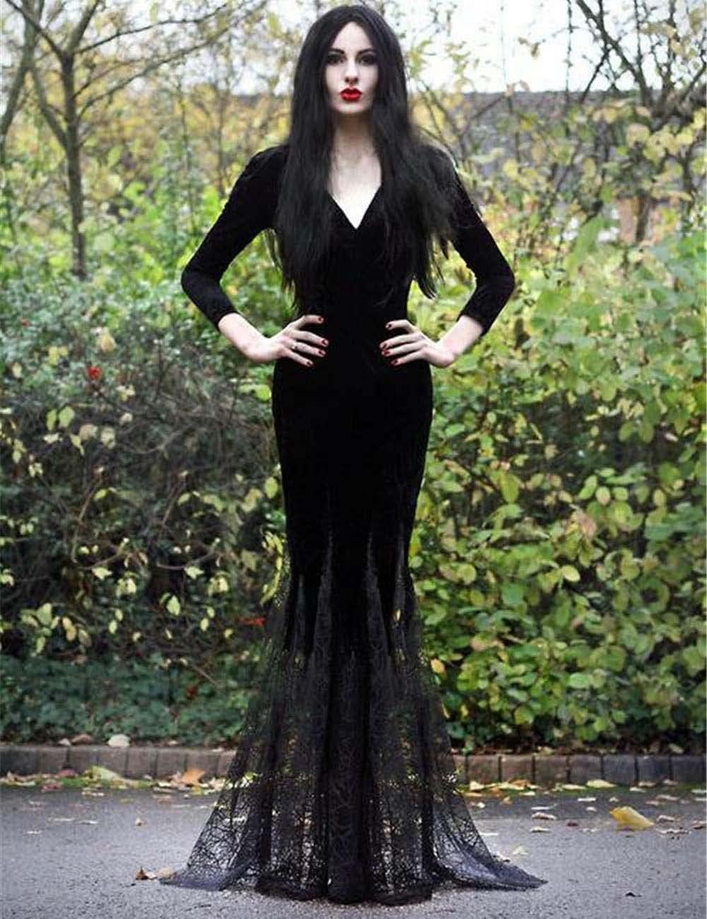 Women'S Maxi Dress V-Neck Black Lace Long Sleeve Party Gown Elegant Vestidos Lapel Rope High Waist Autumn Female