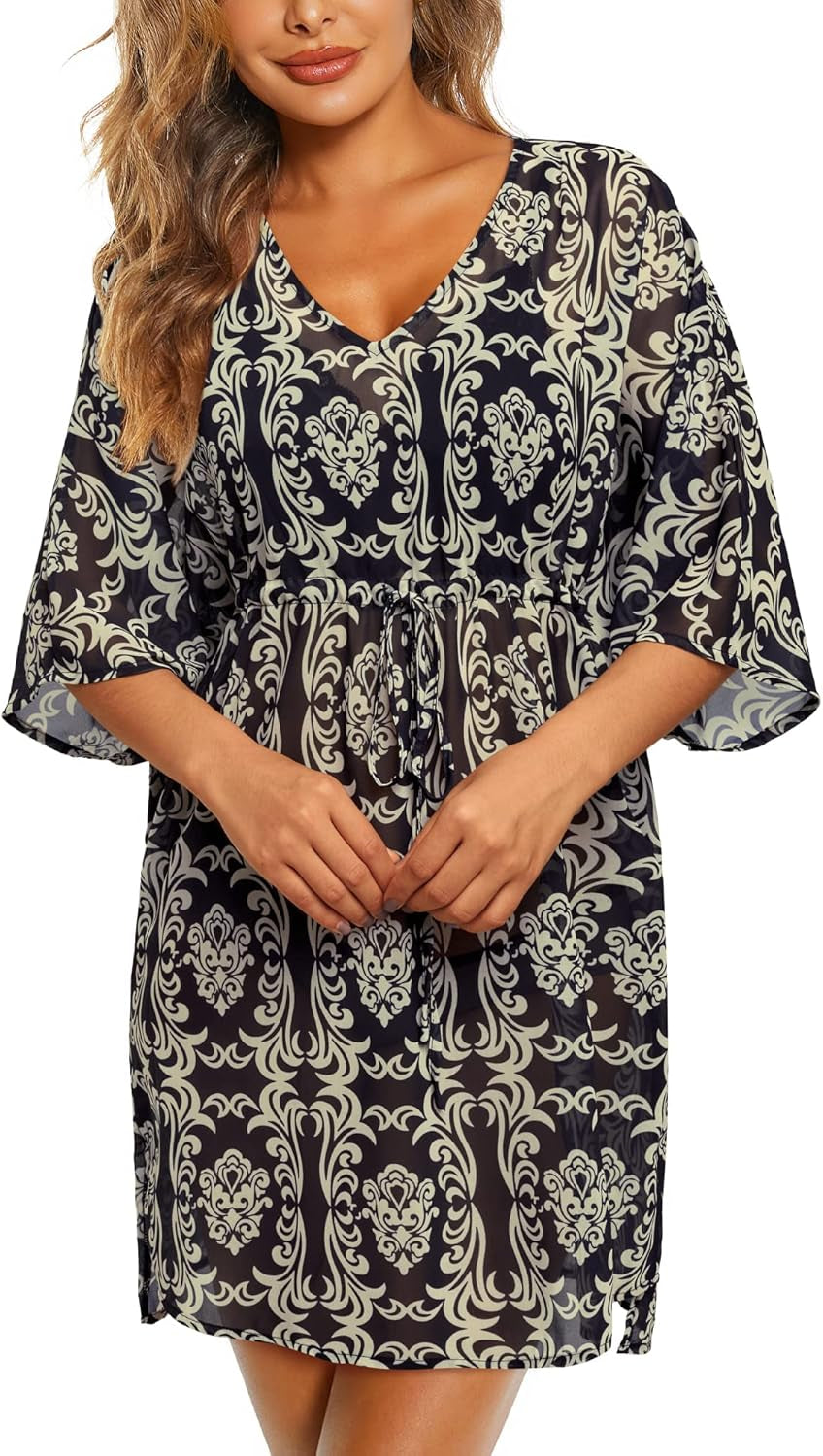 Women Swim Cover up Summer Swimsuit Hawaiian Beach Bikini Swimwear Chiffon Bathing Suit Tunic Dress (Floral 16, Large)