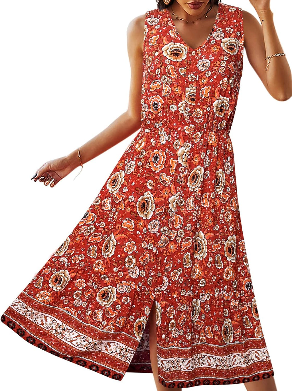 Women Dress Summer Sleeveless Bohemian: Floral V Neck Button down Flowy Boho Dresses S-XL