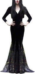 Women'S Maxi Dress V-Neck Black Lace Long Sleeve Party Gown Elegant Vestidos Lapel Rope High Waist Autumn Female