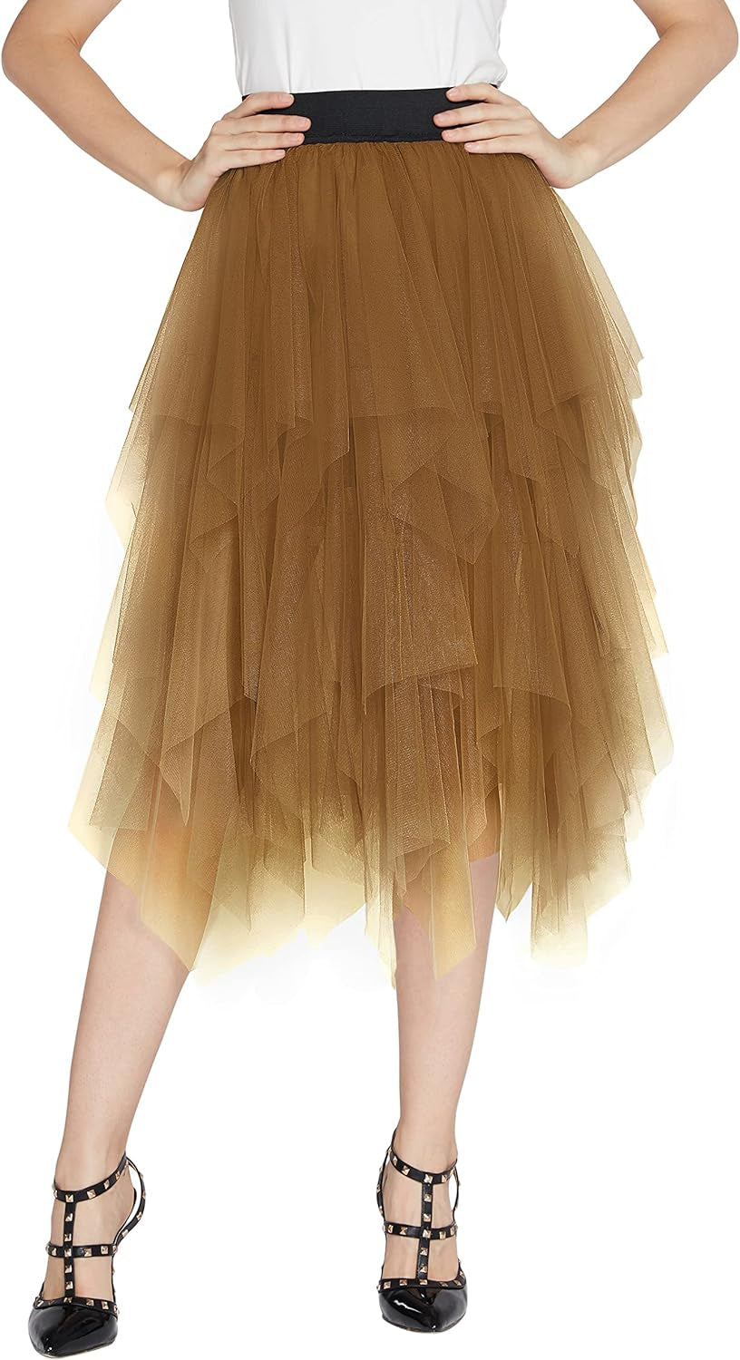 Women'S A-Line Mesh Tutu Skirt Fluffy Layered Tulle Midi Long Skirts with Elastic Waist