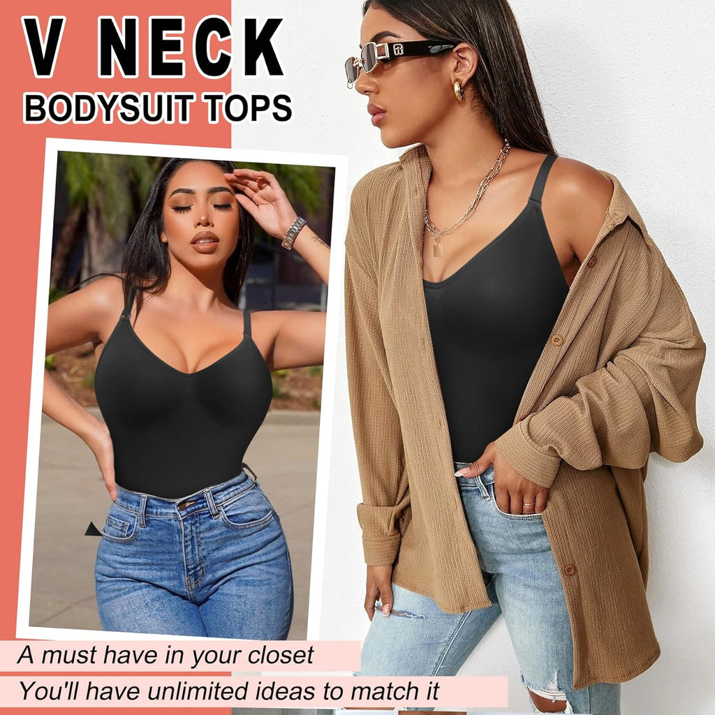 Women Seamless V Neck Bodysuit Tops Slim Fit Full Body Shaper Comfort Shapewear Butt Lifter Leotard Stretchy Jumpsuit (Black, Medium/Large)