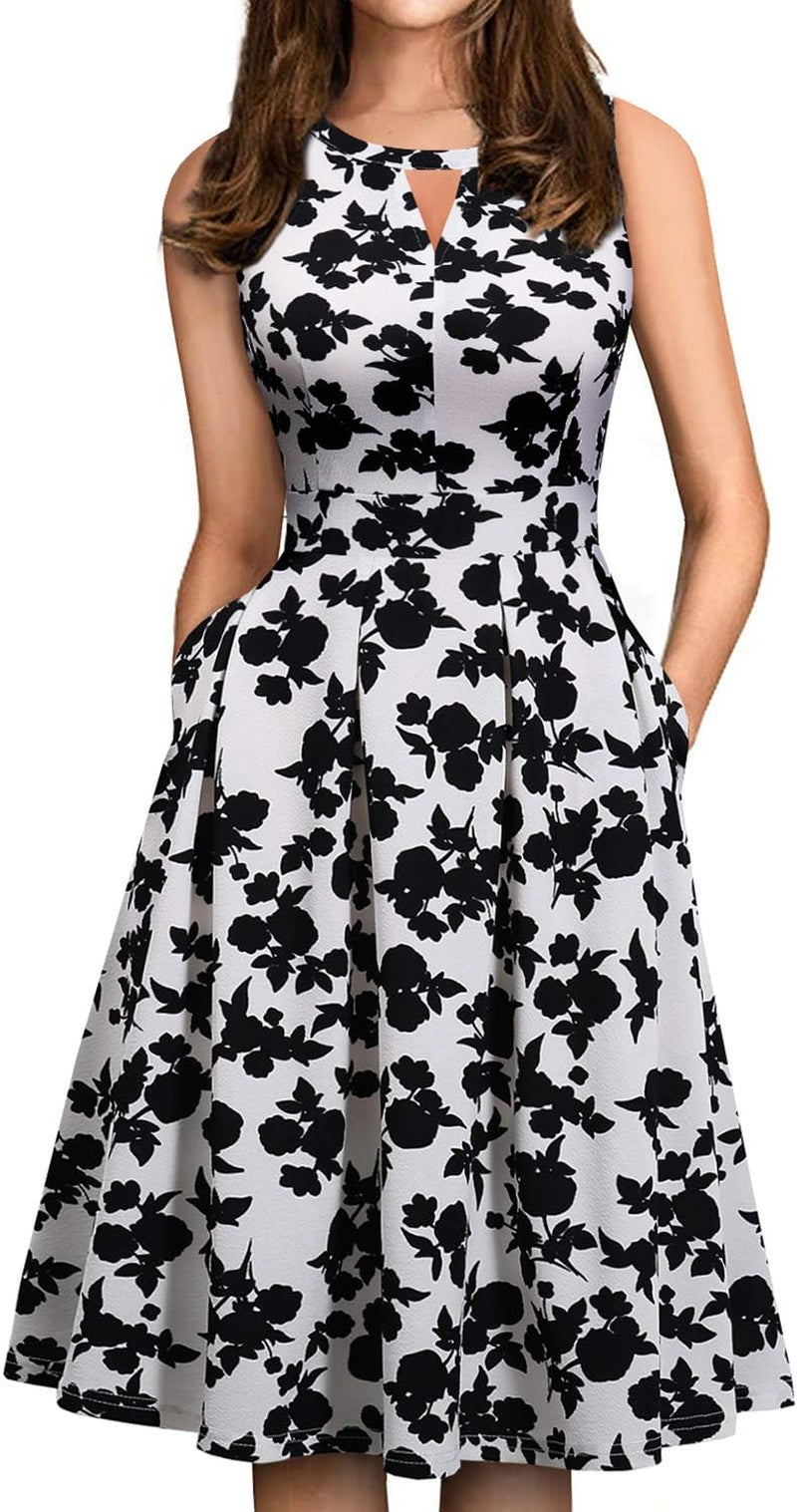 Summer Dresses for Women with Pockets Elegant Retro 50S Pleated V Keyhole Sleeveless Holiday Party Dance Wedding Guest Dress (S, Sp81-White Black Flo)