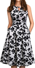 Summer Dresses for Women with Pockets Elegant Retro 50S Pleated V Keyhole Sleeveless Holiday Party Dance Wedding Guest Dress (S, Sp81-White Black Flo)