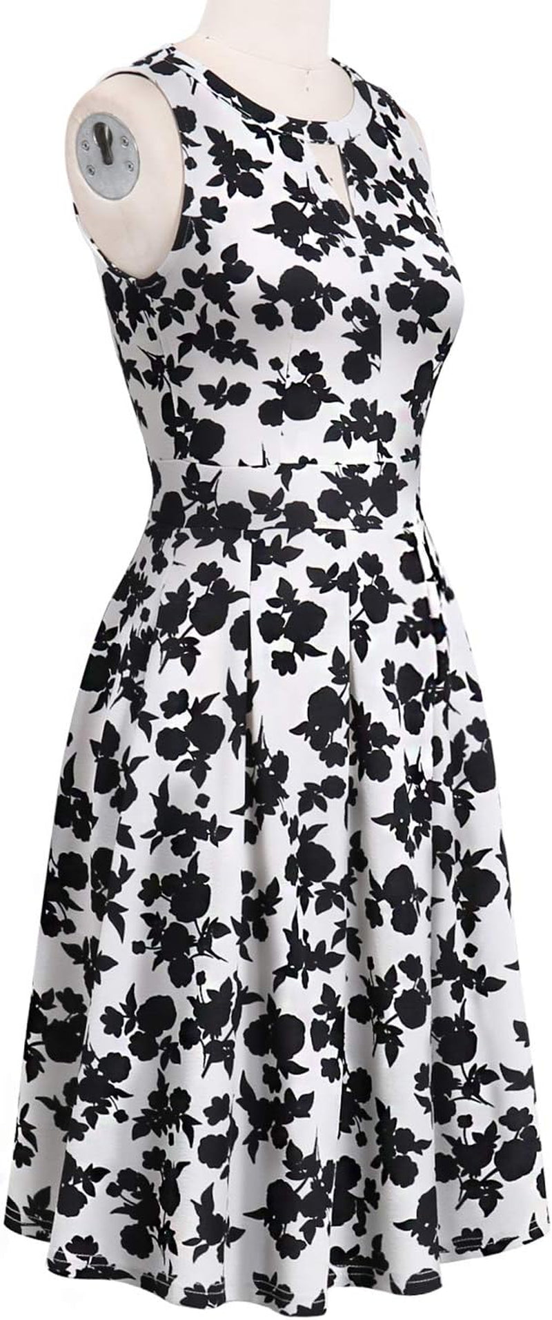 Summer Dresses for Women with Pockets Elegant Retro 50S Pleated V Keyhole Sleeveless Holiday Party Dance Wedding Guest Dress (S, Sp81-White Black Flo)