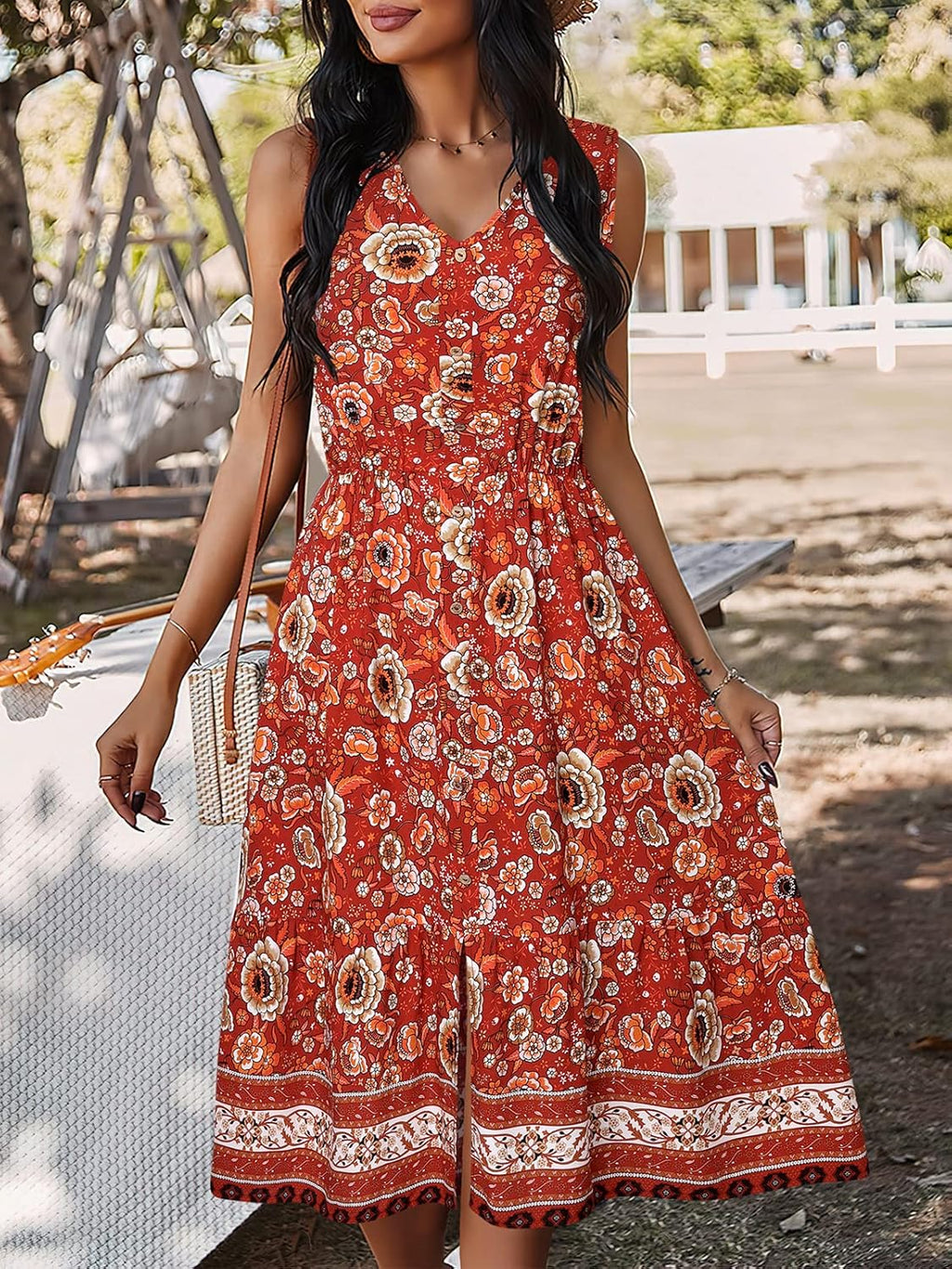 Women Dress Summer Sleeveless Bohemian: Floral V Neck Button down Flowy Boho Dresses S-XL