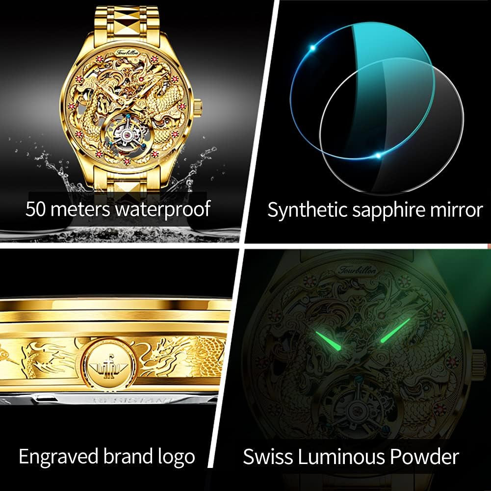Men Skeleton Watch Automatic Mechanical Luxury Dress Waterproof Tourbillion Sapphire Crystal Wrist Watches for Men